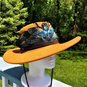 Dragonfly Hat Embellished Fedora Y2K Boho Whimsical Apricot Color NEW
